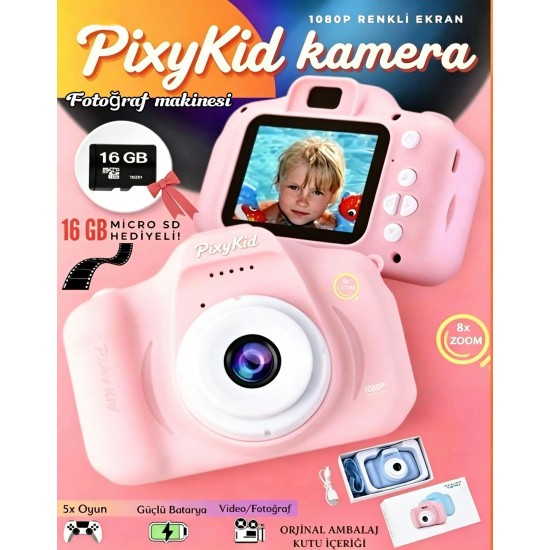 PixyKid™ Kamera fotoğraf makinesi (16GB hafıza kartlı) Pembe